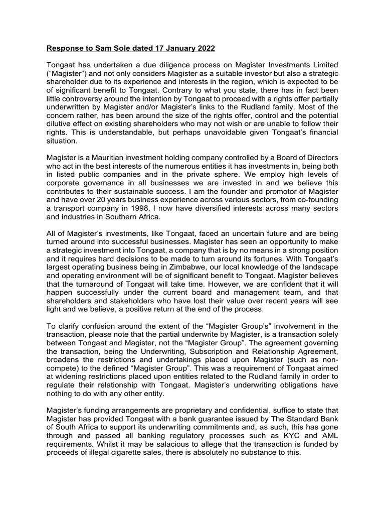 Response From Rudland | PDF | Board Of Directors | Investing