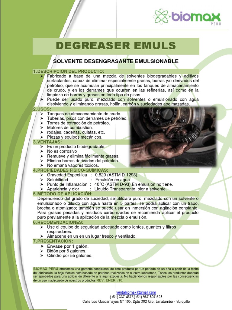 Desengrasante Emulsionable Biodegradable | PDF | Petróleo | Solvente