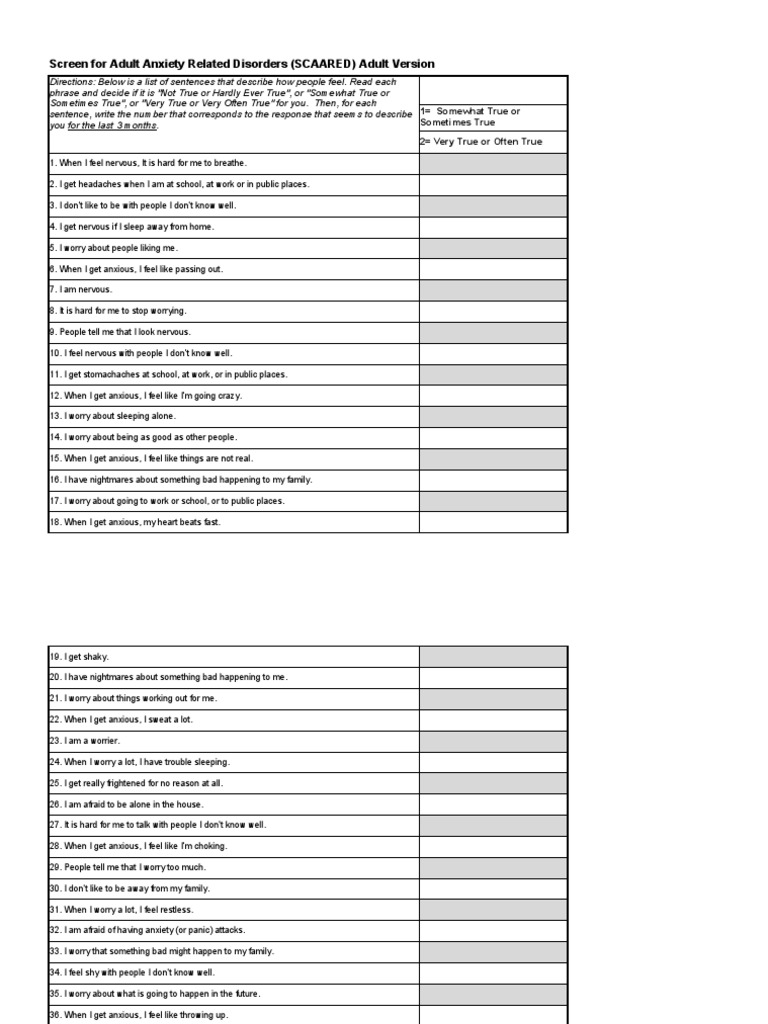 SCAARED Adult With Scoring | PDF | Anxiety | Psychology