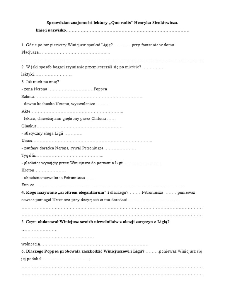 Quo Vadis Test Pytania Otwarte