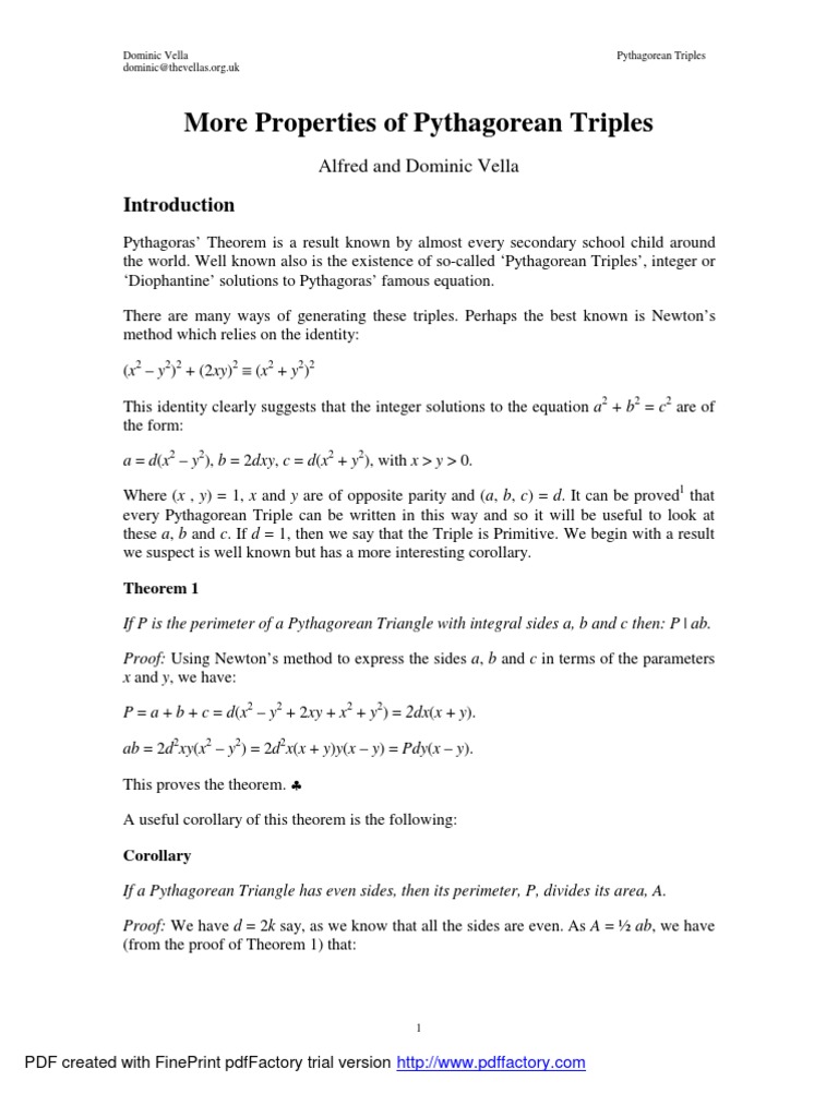 Mathgaz01 More Properties Of Pythagorean Triples Elementary Mathematics Number Theory