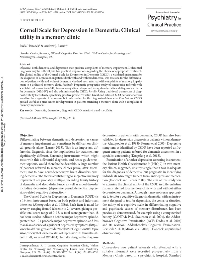 Cornell Scale For Depression in Dementia - Clinical Utility in A Memory ...