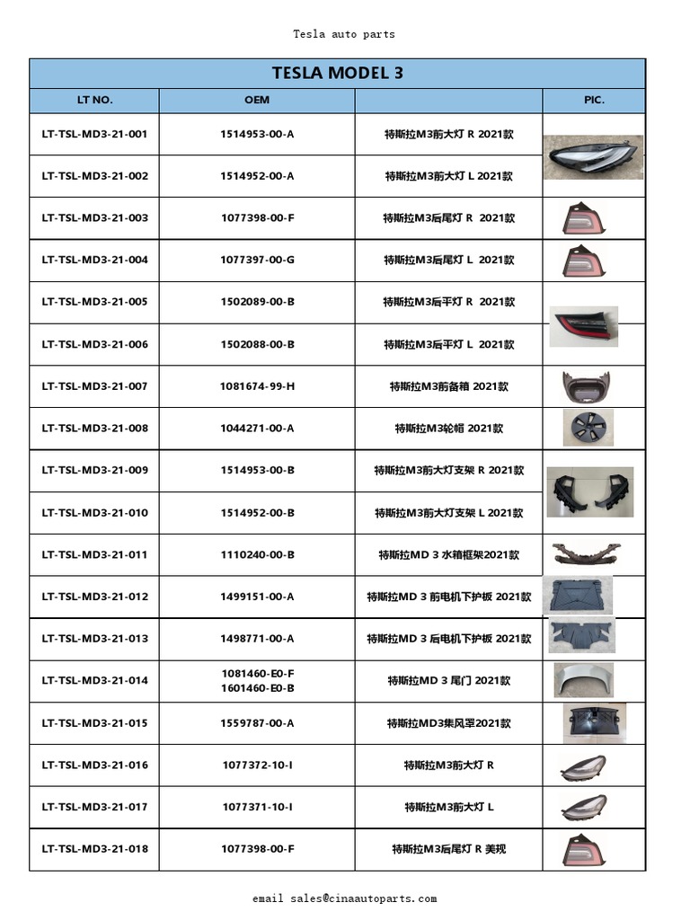 Tesla Model 3 Parts Catalog 2021 | PDF | Motor Vehicle | Manufactured Goods