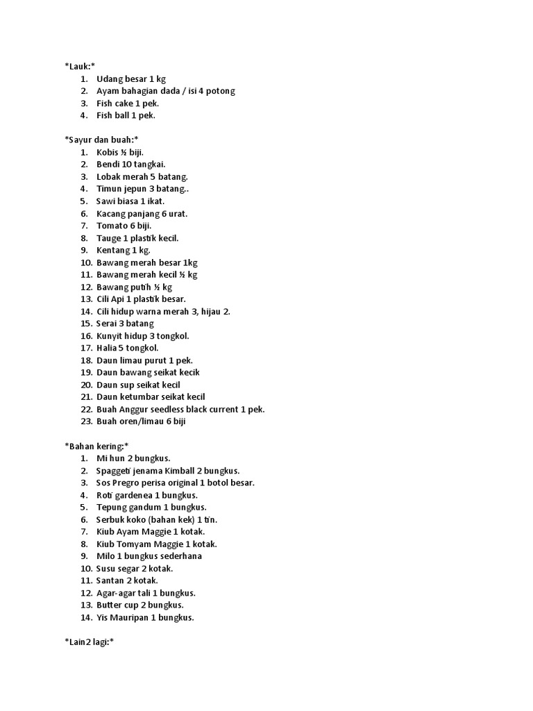 Senarai Barang Dapur | PDF