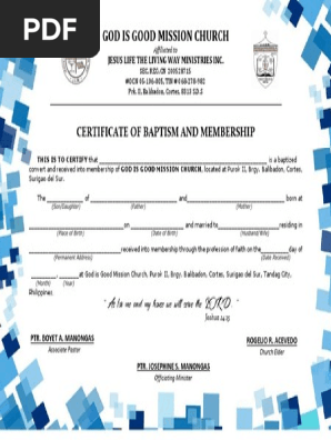 CERTIFICATE OF BAPTISM AND MEMBERSHIP