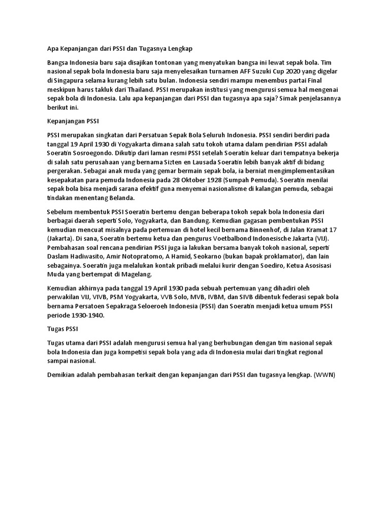 Apa Kepanjangan Dari PSSI Dan Tugasnya Lengkap PDF