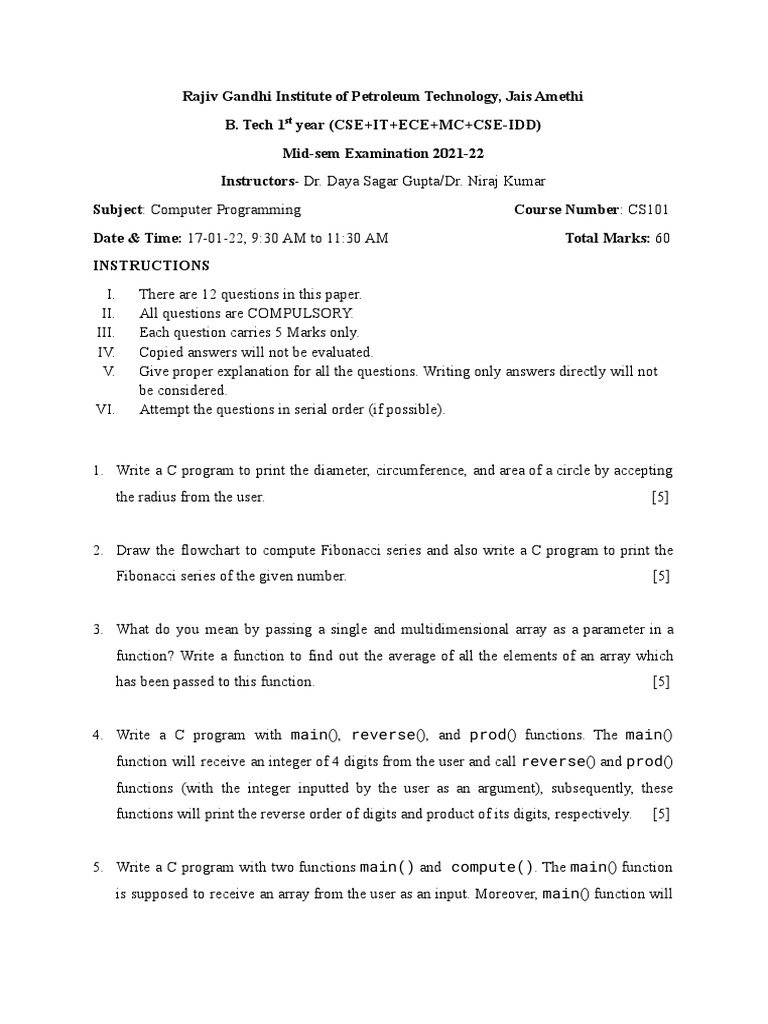Computer Programming Mid Semester Question Paper | PDF | Array Data ...