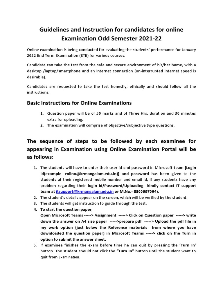Guidelines and Instruction For Candidates For Online Examination Odd