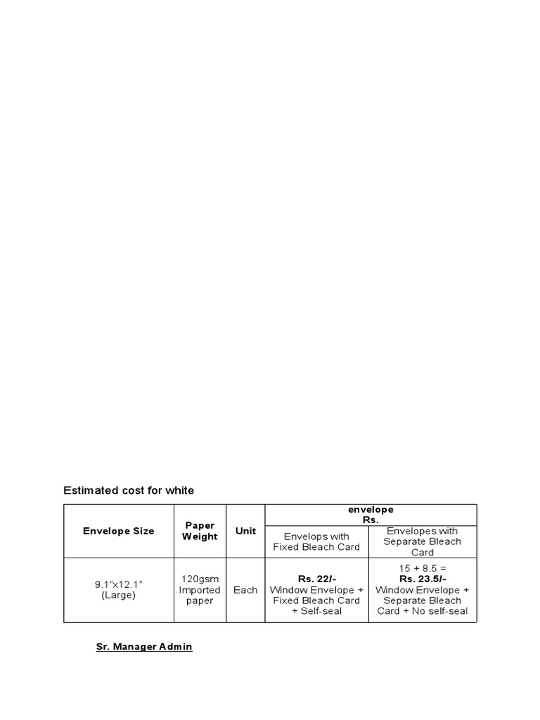 Estimated Cost For White: Paper Weight Unit Envelope Rs | PDF