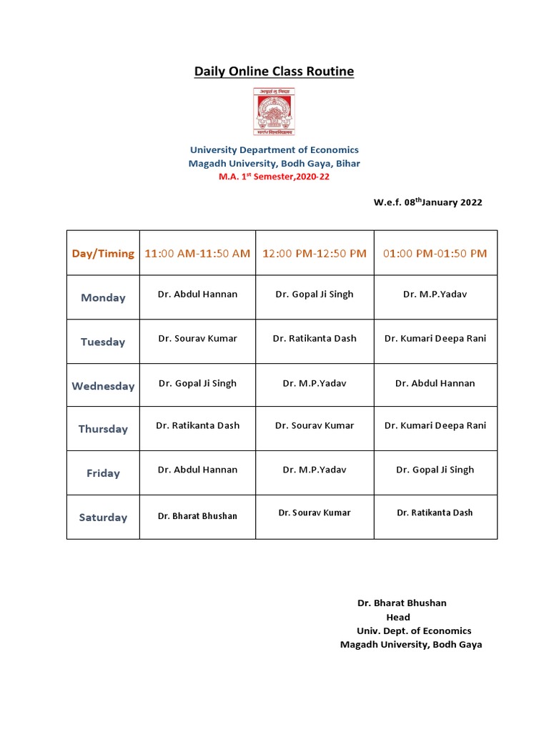 Daily Online Class Routine: Day/Timing | PDF