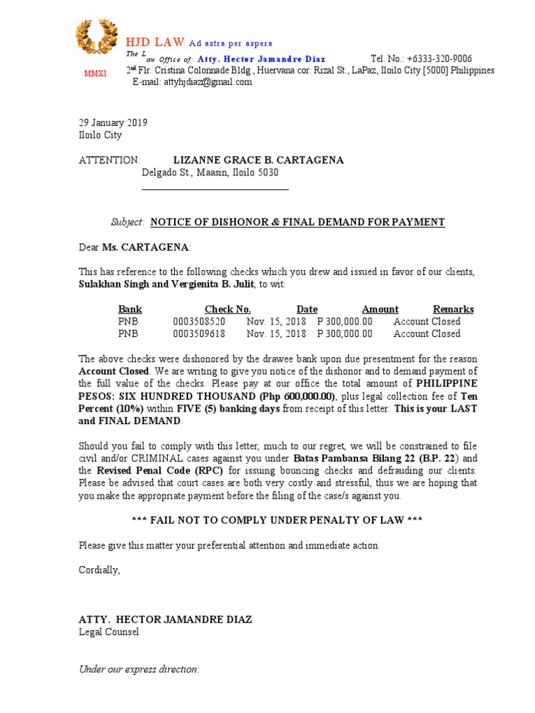 1 BP22 Demand Letter Notice of Dishonor - FORMAT | PDF