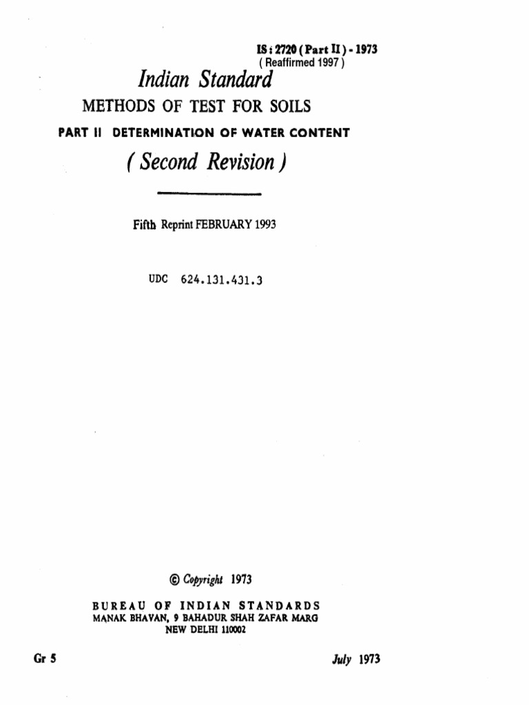 Indian Standard: Methods of Test For Soils | PDF