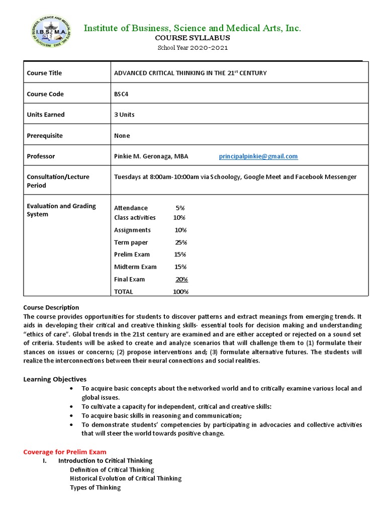 Advanced Critical Thinking Syllabus | PDF | Critical Thinking | Thought