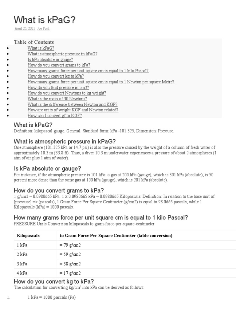 What Is Kpag? Table of Contents PDF Pascal (Unit) Pressure