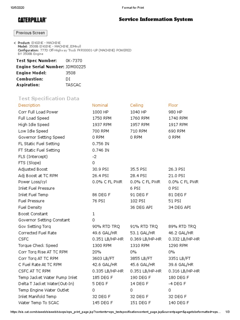Test Specification Data: Test Spec Number: Engine Serial Number ...
