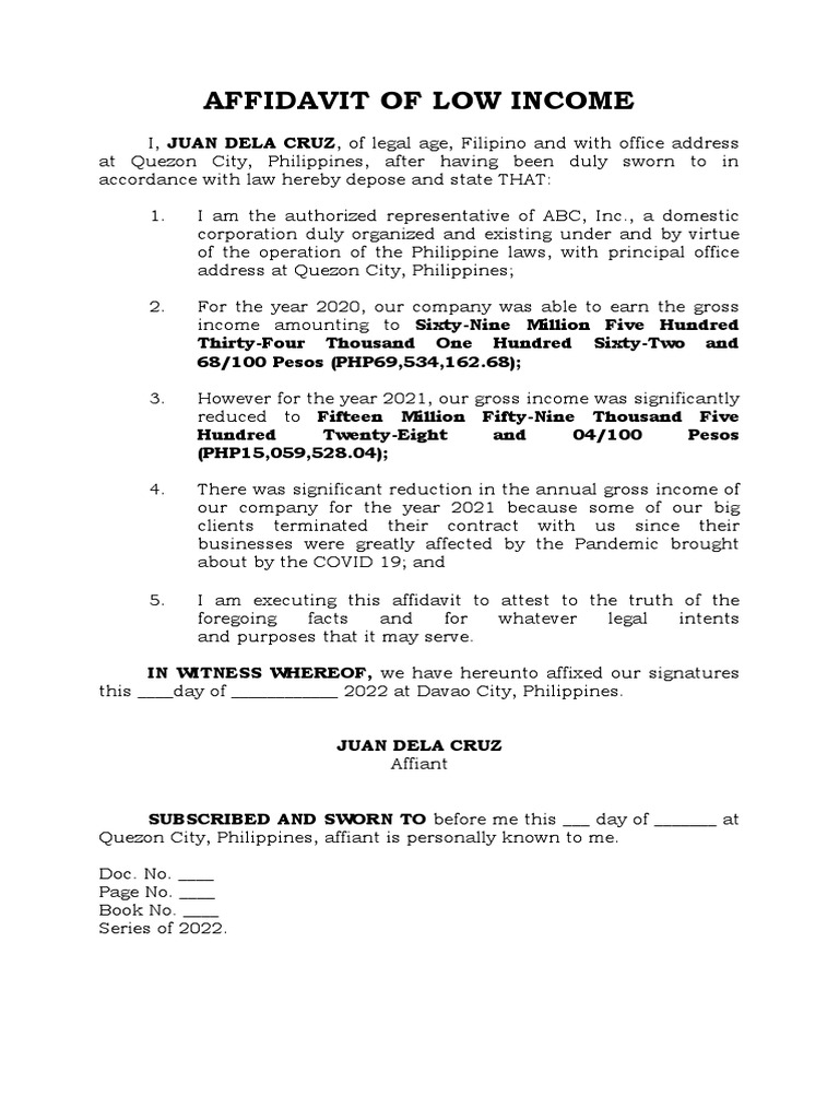 Affidavit of Low Income Sample | PDF