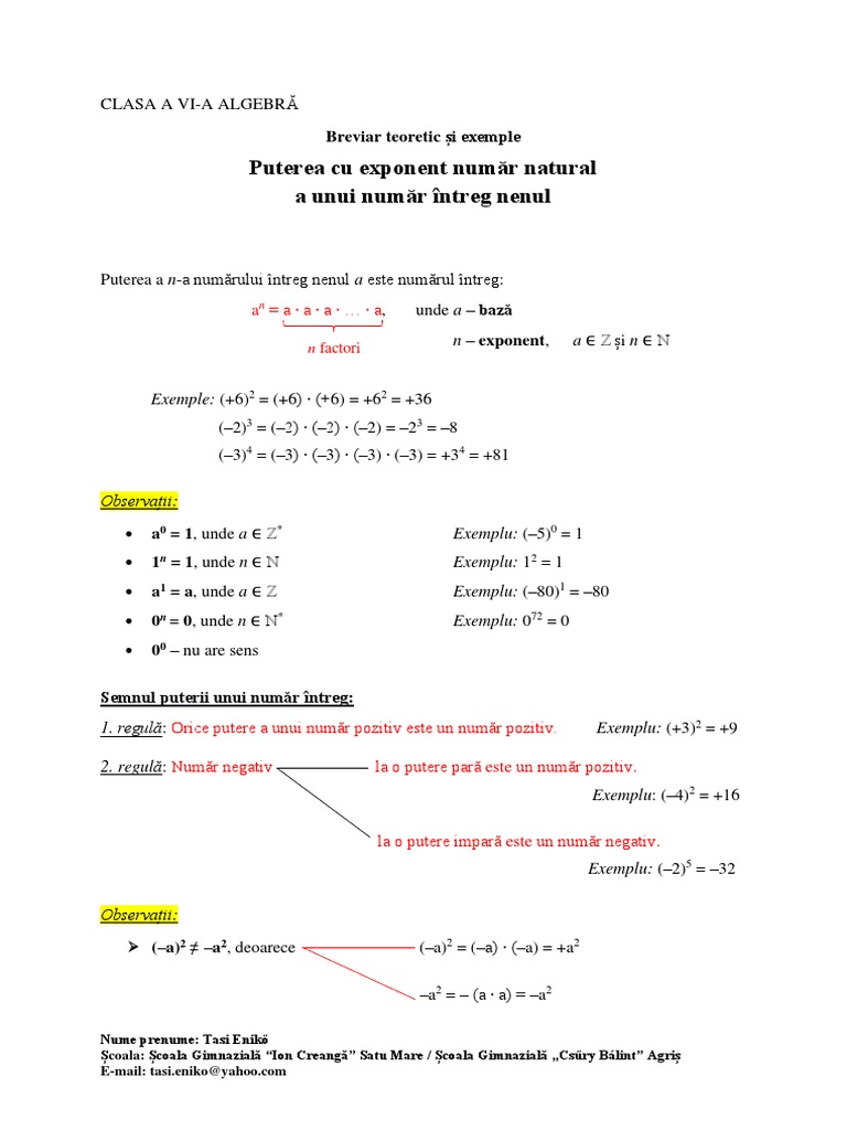 Puterea Cu Exponent Numar Natural A Unui Numar Intreg Nenul Lro | PDF