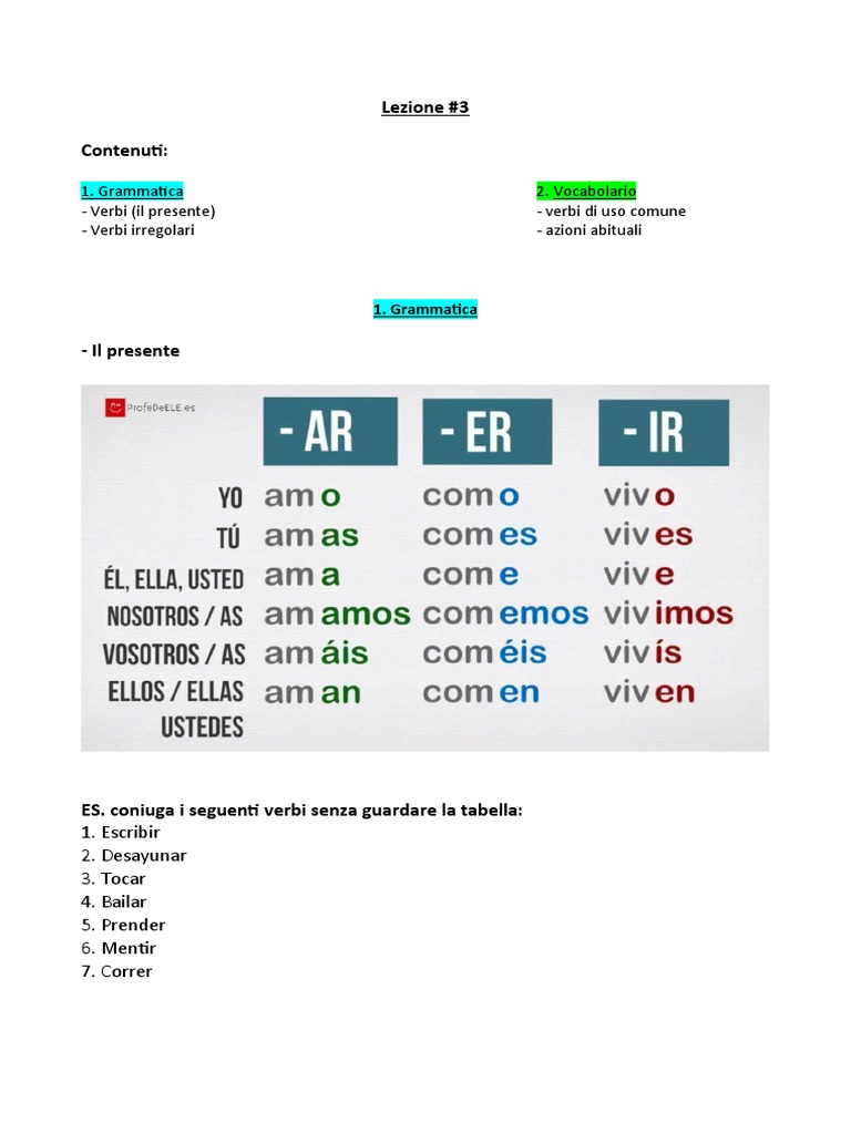 Lezione 3: Verbi e Grammatica | PDF | Artes del Lenguaje y Comunicación