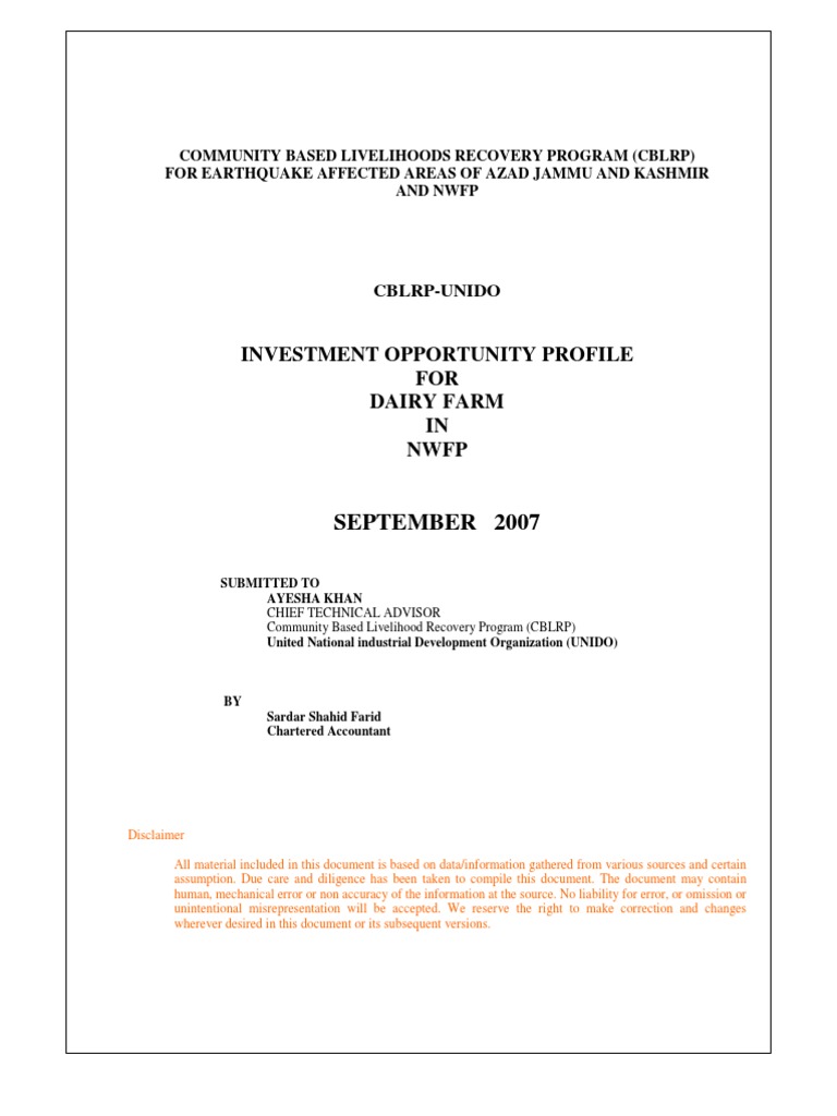 Investment Opportunity Profile For Dairy Farm in NWFP | PDF | Business ...
