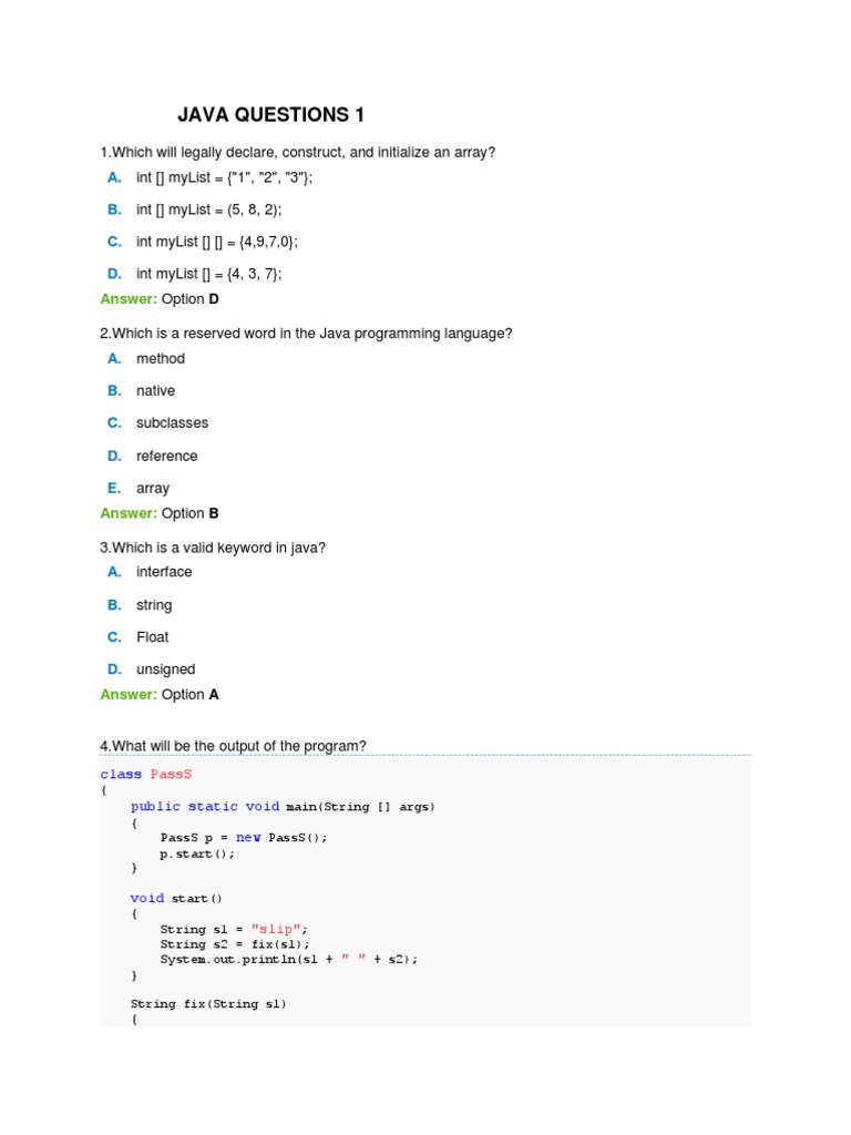Java Questions 1: A. B. C. D | PDF | C (Programming Language) | Systems ...