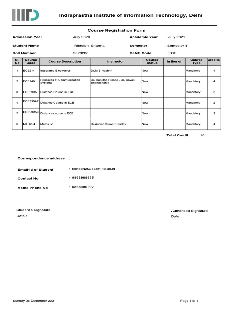 Course Registration Form for ECE Students | PDF