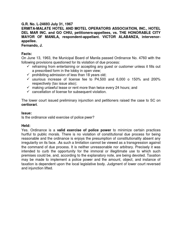 Ermita malate hotel v manila city g r l 24693 case digest pdf