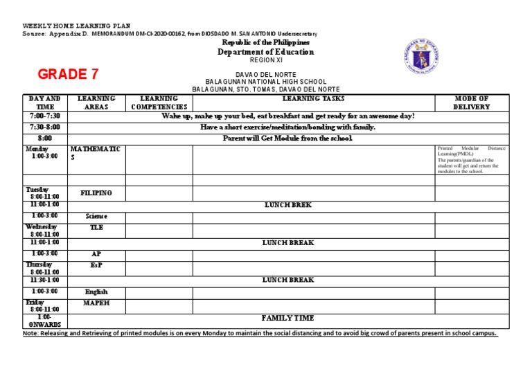 Grade 7 Weekly Home Learning Plan | PDF | Philippines