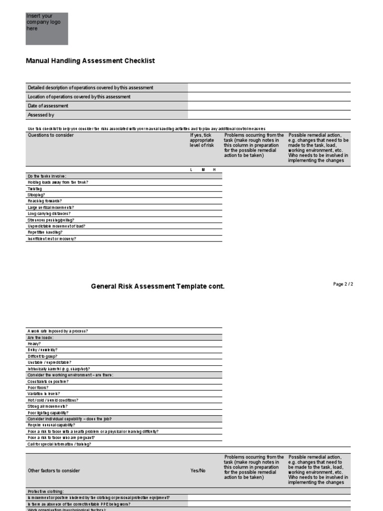 Manual Handling Risk Assessment Checklist | PDF | Personal Protective ...