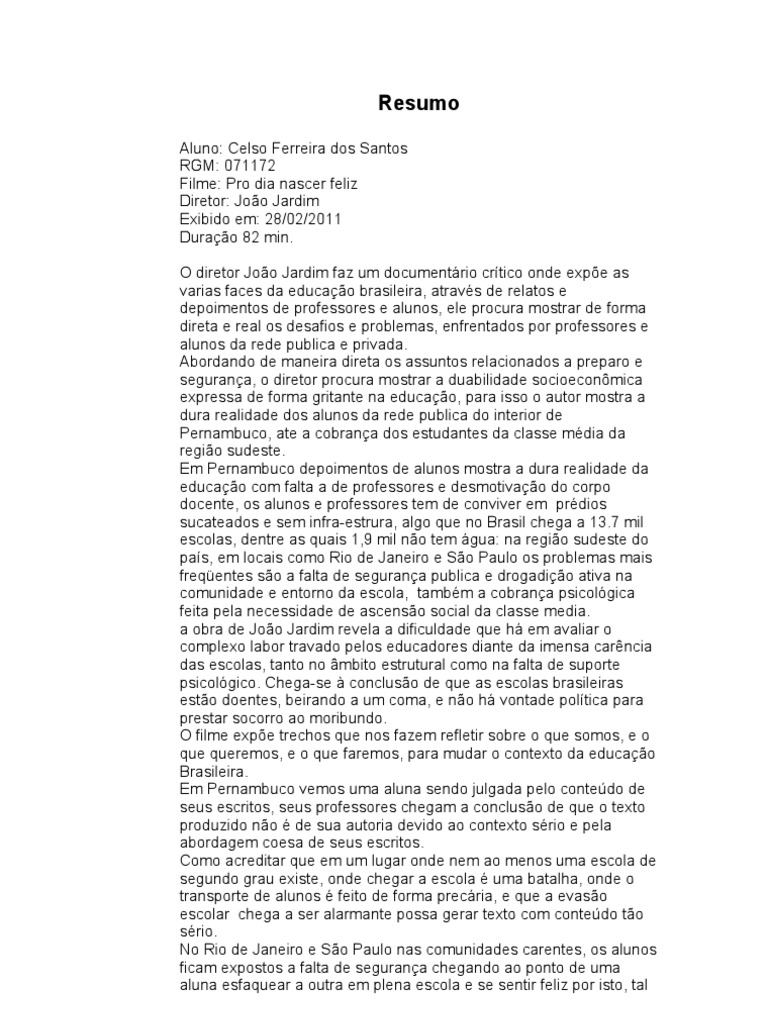 Resumo Do Filme Pro Dia Nascer Feliz Escolas Brasil
