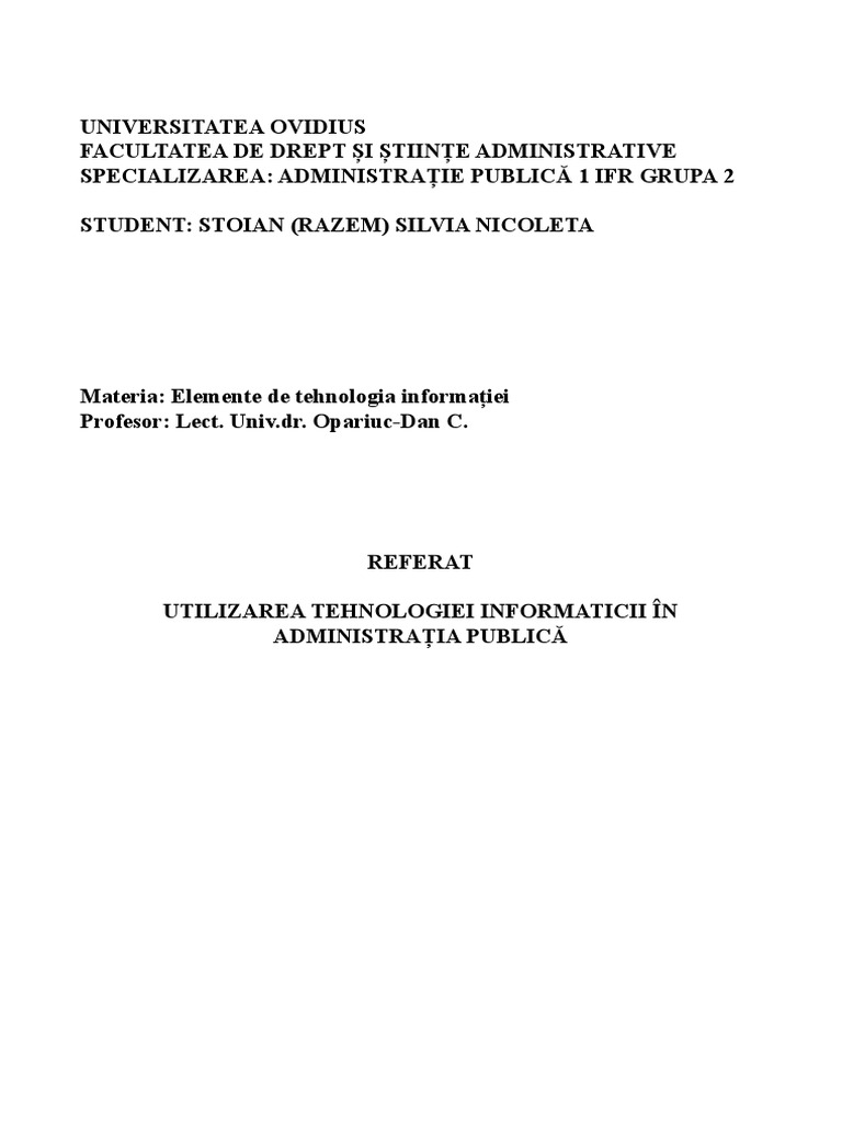 Referat Sistem Informatic În Administrația Publică | PDF