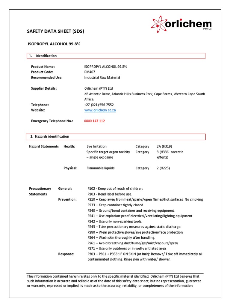 Safety data sheet sds isopropyl alcohol 99 8 pdf toxicity