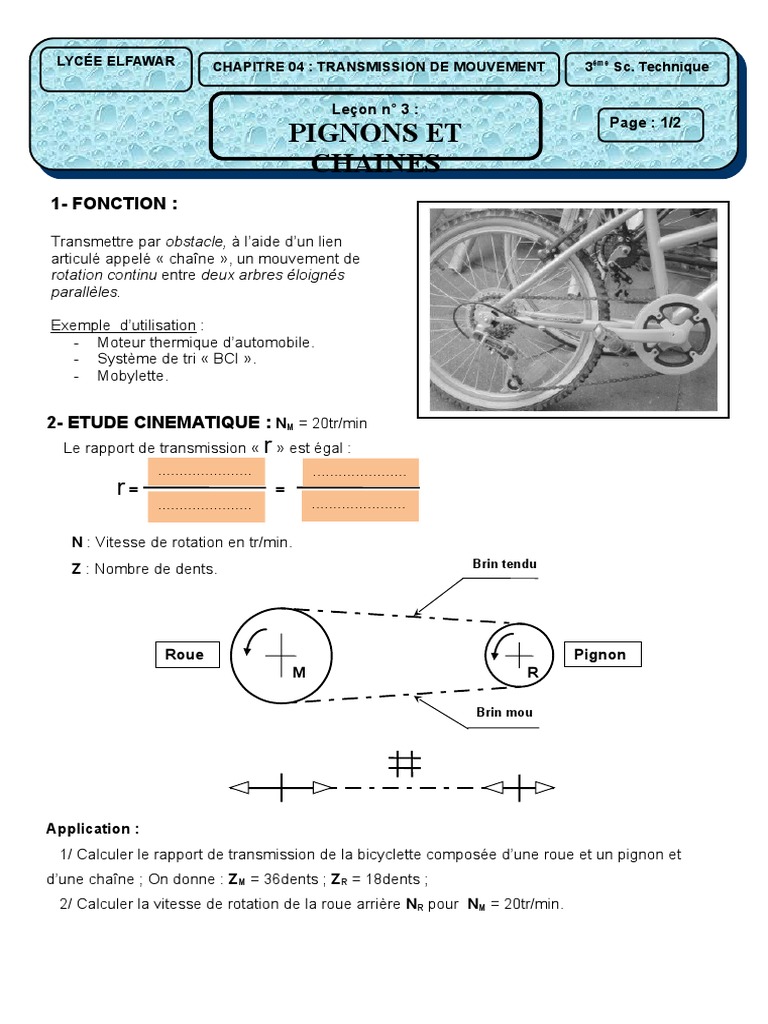 Calcul du Rapport de Transmission PignonChaîne PDF Transmission — free download