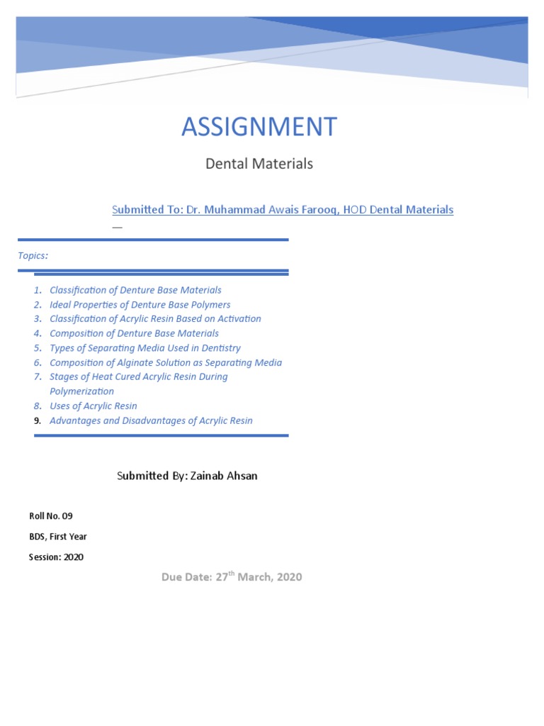 Classifications of Denture Base Materials PDF Dentures Poly