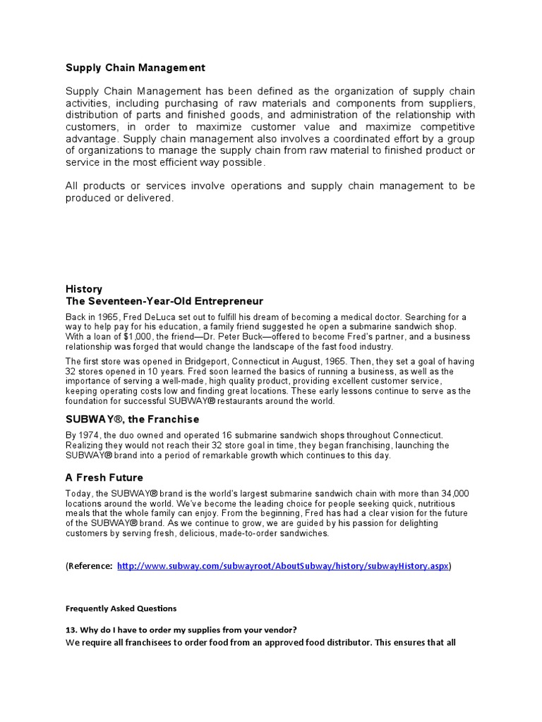 Assignment 1 - Subway Supply Chain | PDF | Supply Chain | Supply Chain ...