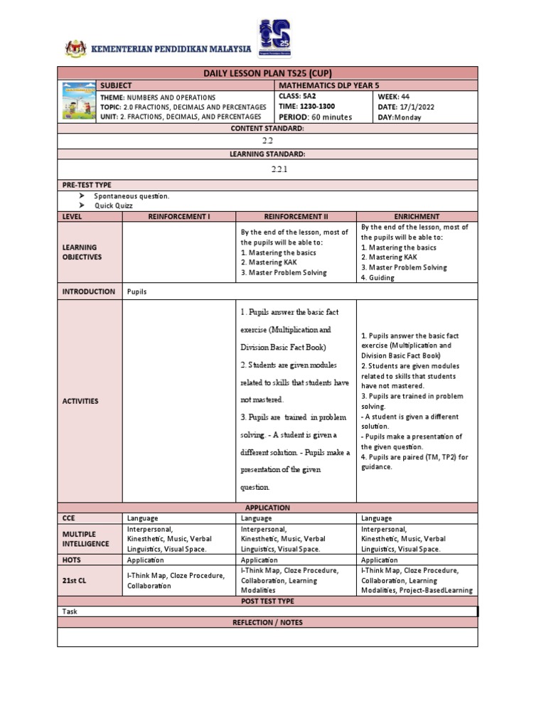 Subject Mathematics DLP Year 5: Daily Lesson Plan Ts25 (Cup) | PDF ...