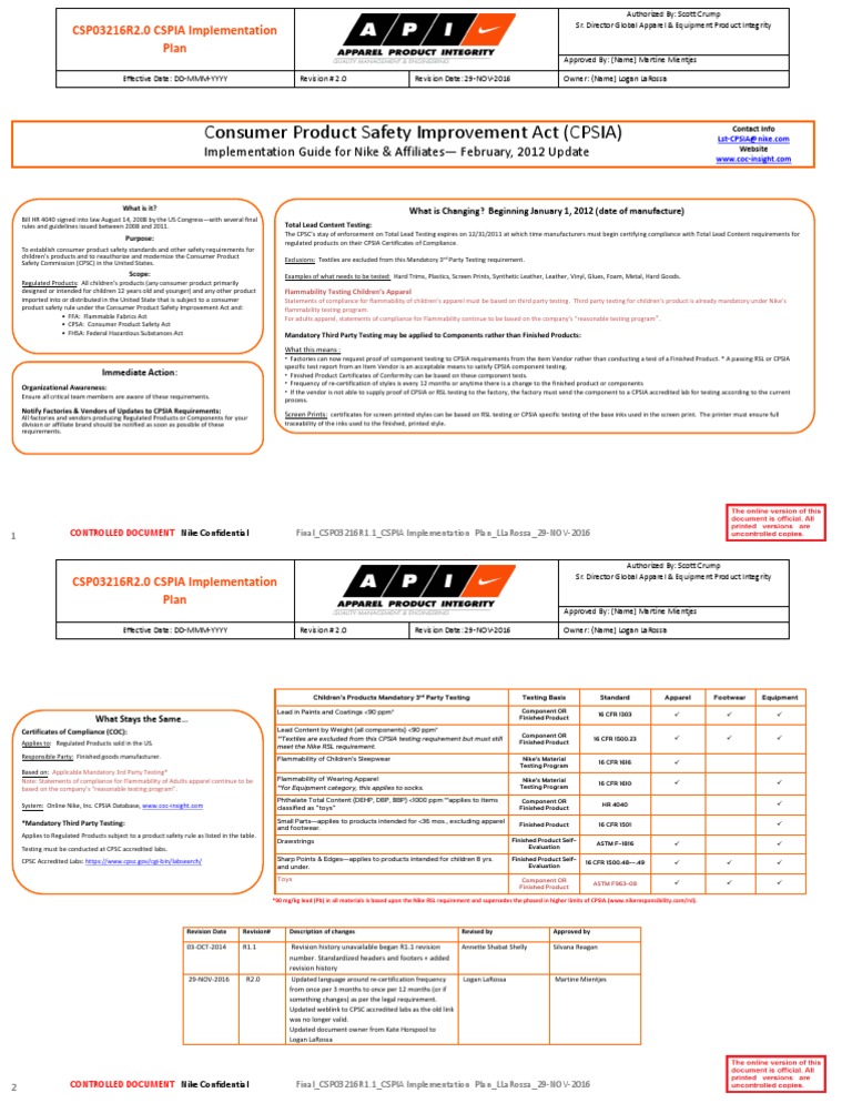 Consumer Product Safety Improvement Act (CPSIA) Implementation Guide