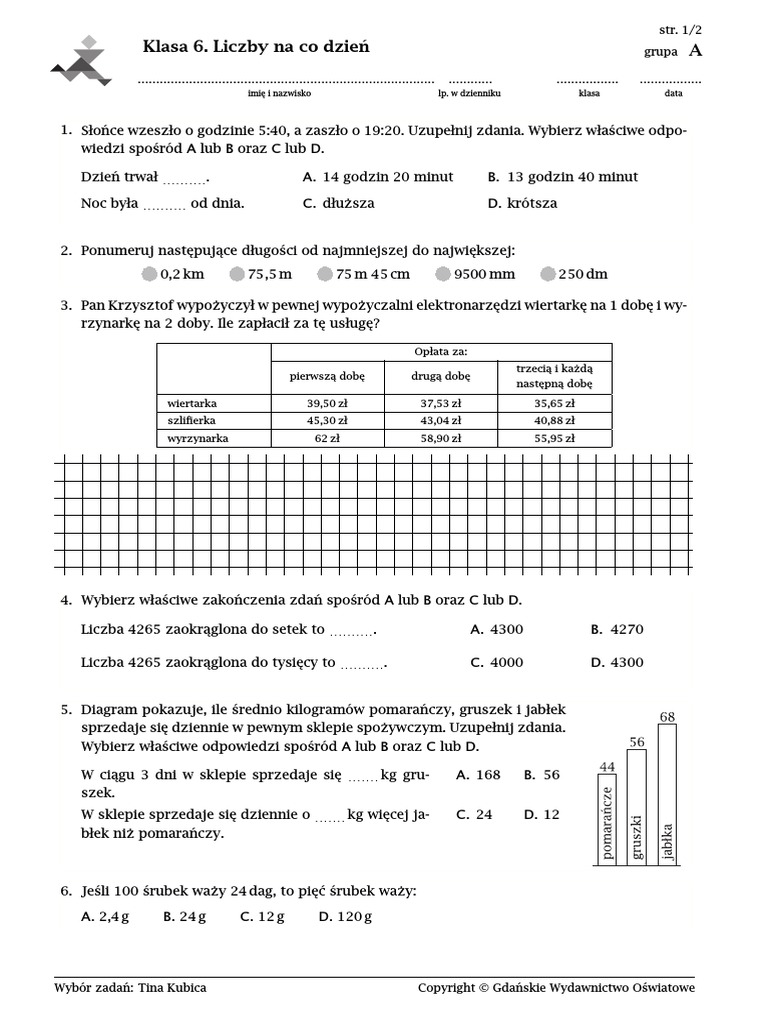 Liczby Na Co Dzień Sprawdzian Klasa 6 Pdf