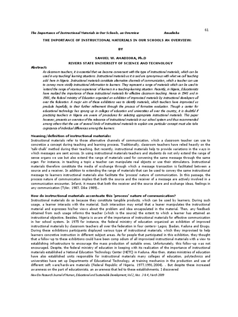 The Importance of Instructional Materials in Our Schools, An Overview