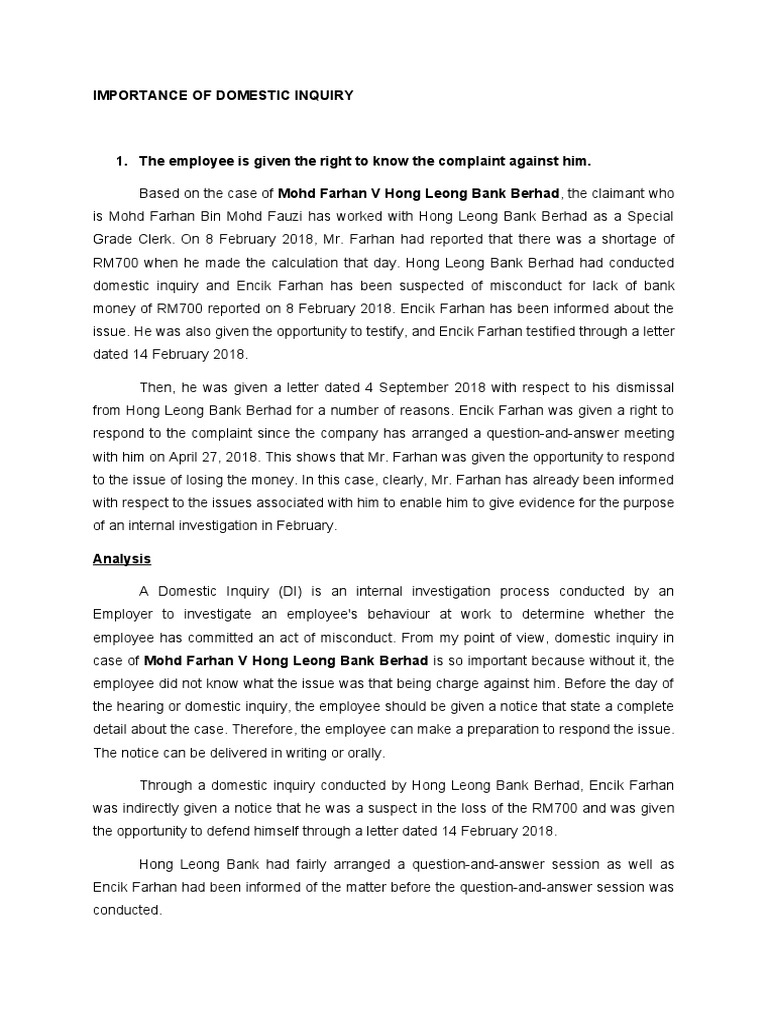 Domestic Inquiry at Hong Leong Bank | PDF | Witness | Misconduct
