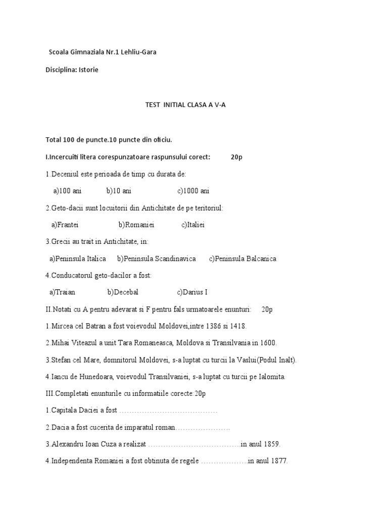 Test Initial Clasa A 5-A | PDF