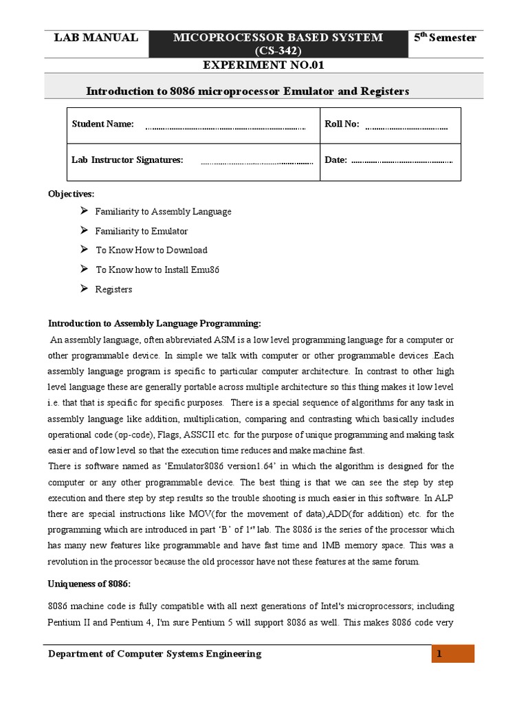 Lab Manual 5 Semester Experiment No.01 Introduction To 8086