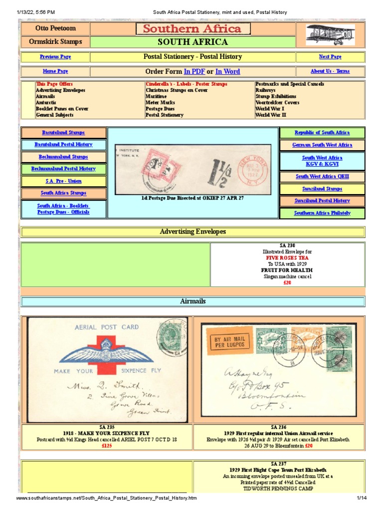 South Africa Postal Stationery, Mint and Used, Postal History | PDF ...