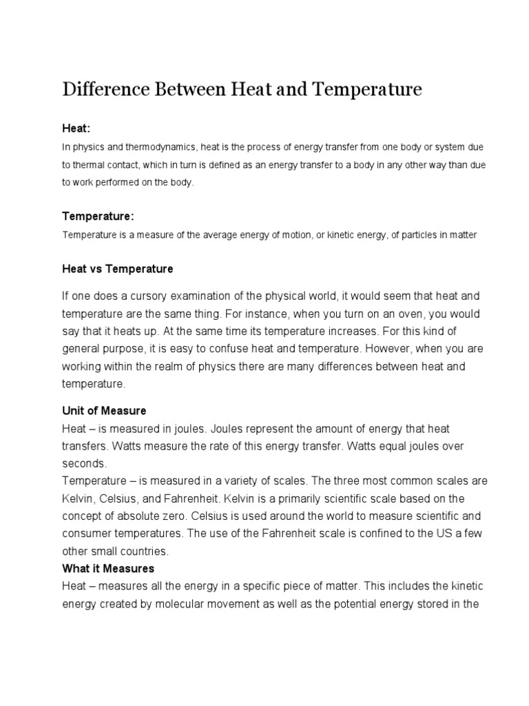 Difference Between Heat and Temperature PDF Heat Temperature