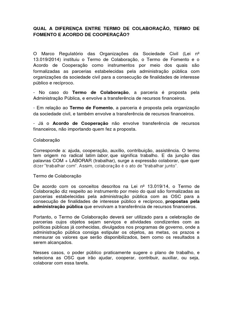 Diferença entre Termo de Colaboração, Termo de Fomento e Acordo de ...