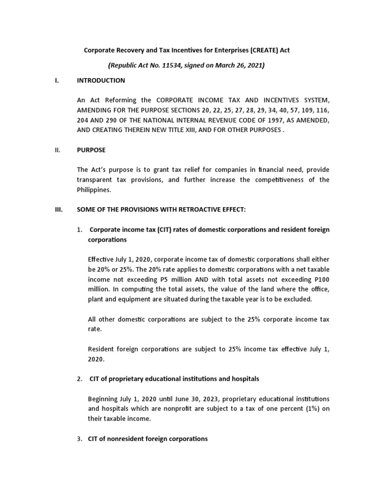 CREATE Act: Corporate Tax Incentives Explained | PDF | Taxes | Income Tax