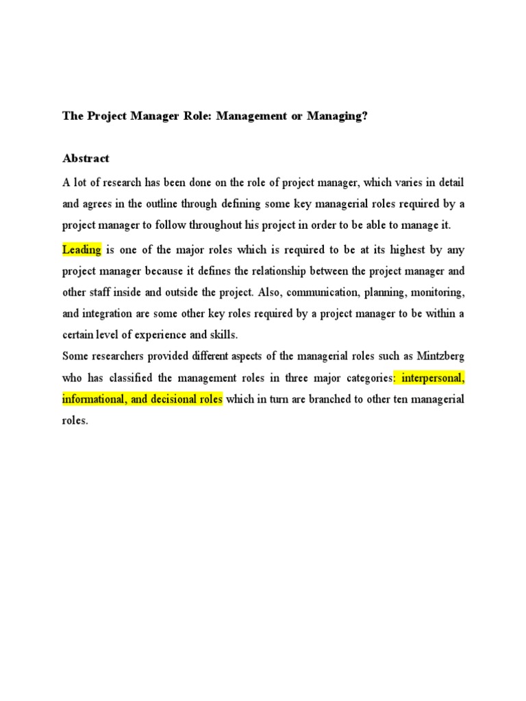 The Project Manager Role: Management or Managing? | PDF | Leadership ...