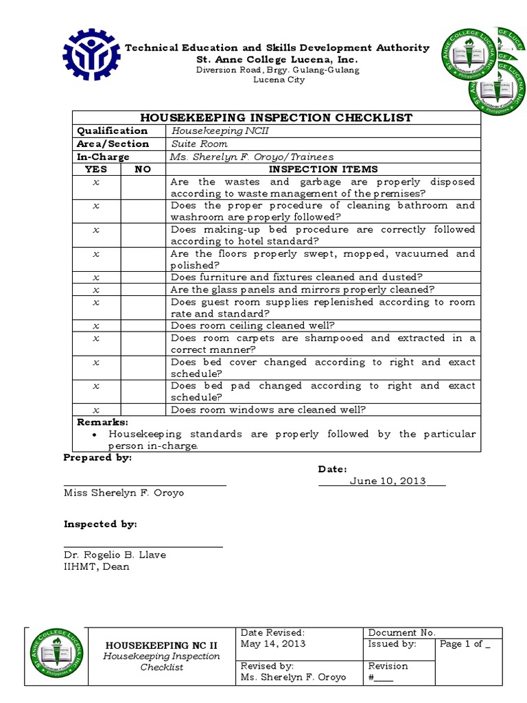 A 3 Housekeeping Inspection Checklist PDF