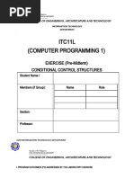 ITC11L (Computer Programming 1) : EXERCISE (Pre-Midterm) Conditional Control Structures