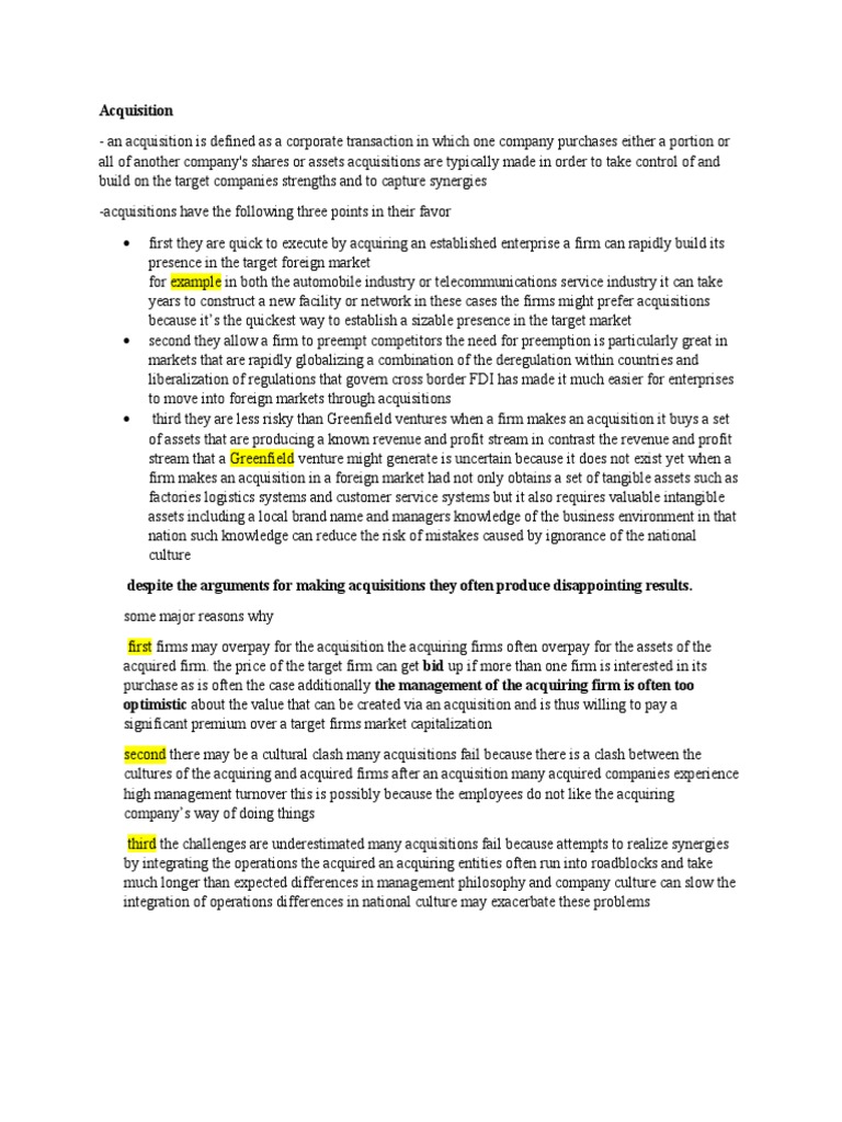 Comparing Acquisitions and Greenfield Ventures Evaluating the