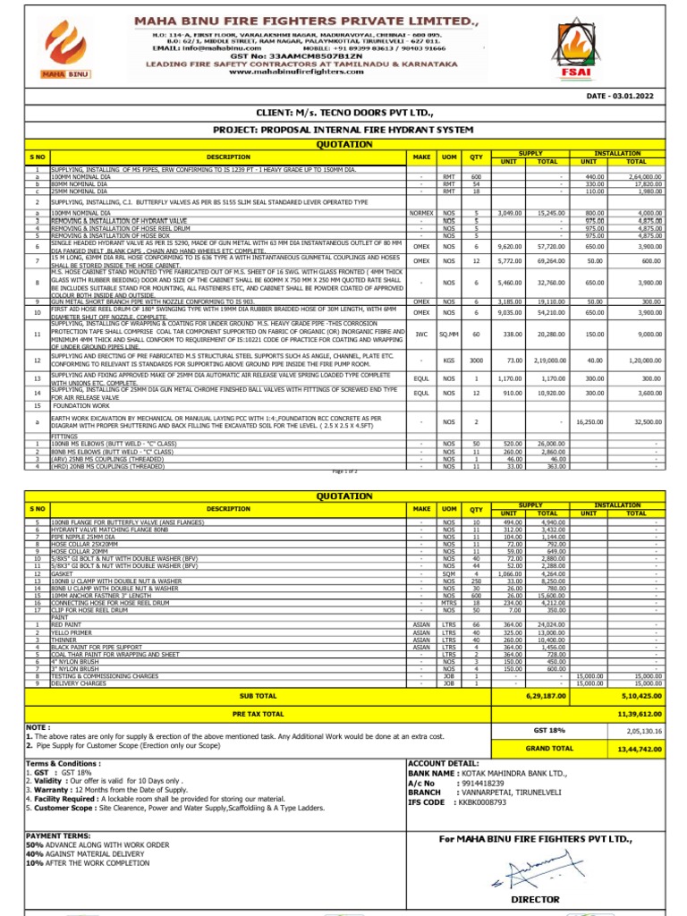 Client M/S. Tecno Doors PVT LTD., Project Proposal Internal Fire